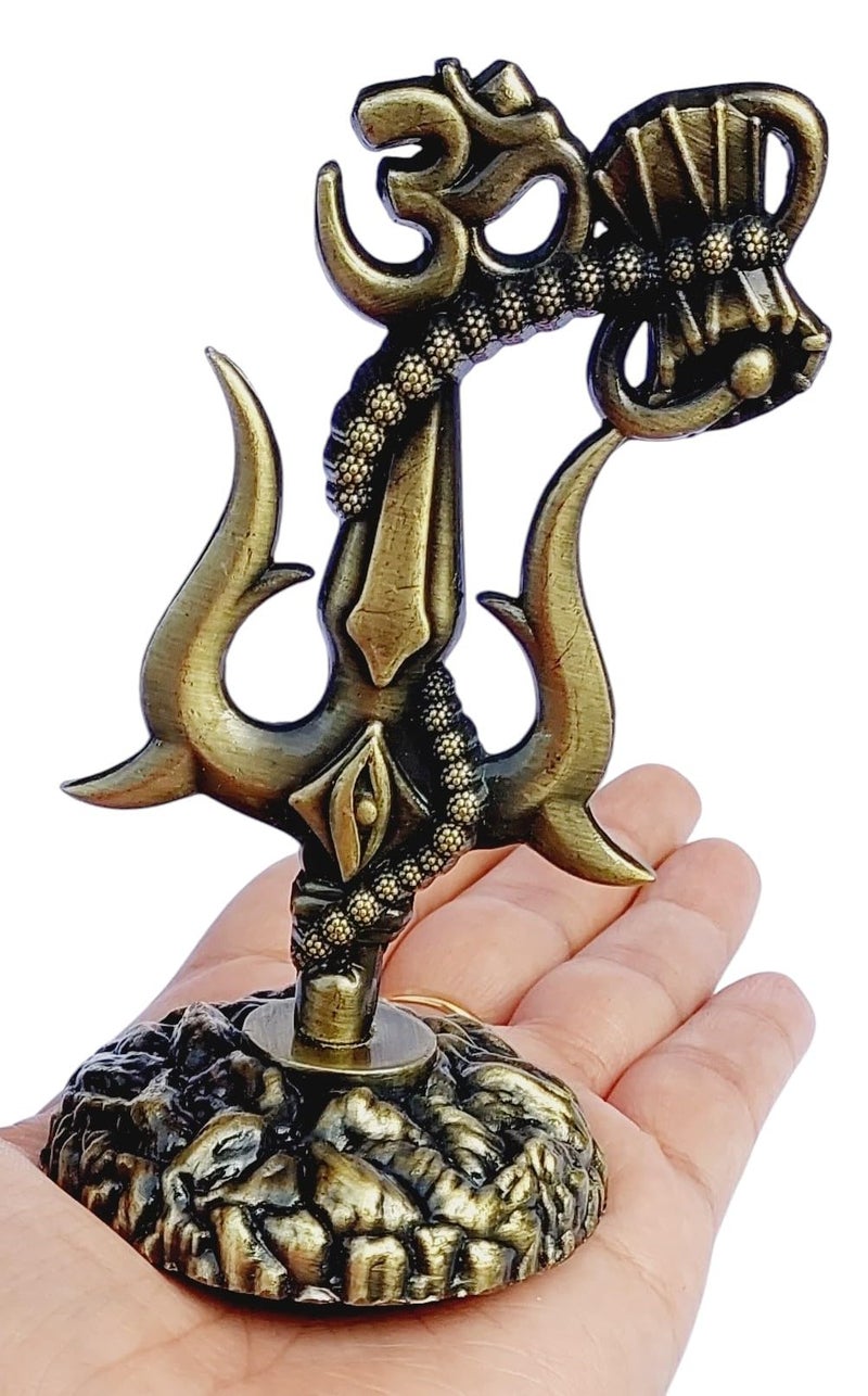 ARTISKRITI Shivji Trishul Damru and Aum Idol for Mandir, Car Dashboard Statue Metal Showpiece for Pooja Room Home Decor, 10 cm, Antique - Image 1