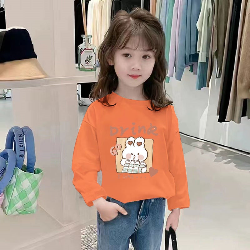 H2005# Children'S Girls Long Sleeve Baby Crewneck Top Children'S Cartoon Casual Long Sleeve T-Shirt Western Style Base Shirt - Image 1
