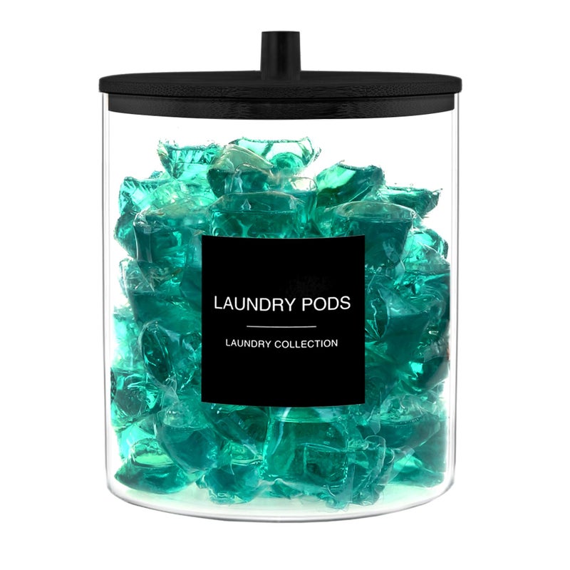TIPGO Laundry Pods Container with 27 Labels Glass Jars for Laundry Room Organization Detergent Holder with Bamboo Lid Cute Storage Jars Black Set of 1