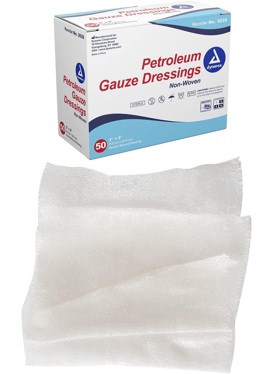 Dynarex Dynarex 3039 Sterile Petroleum Non Adhering Gauze Dressing for Wound, 3" x 9", Pack of 50 