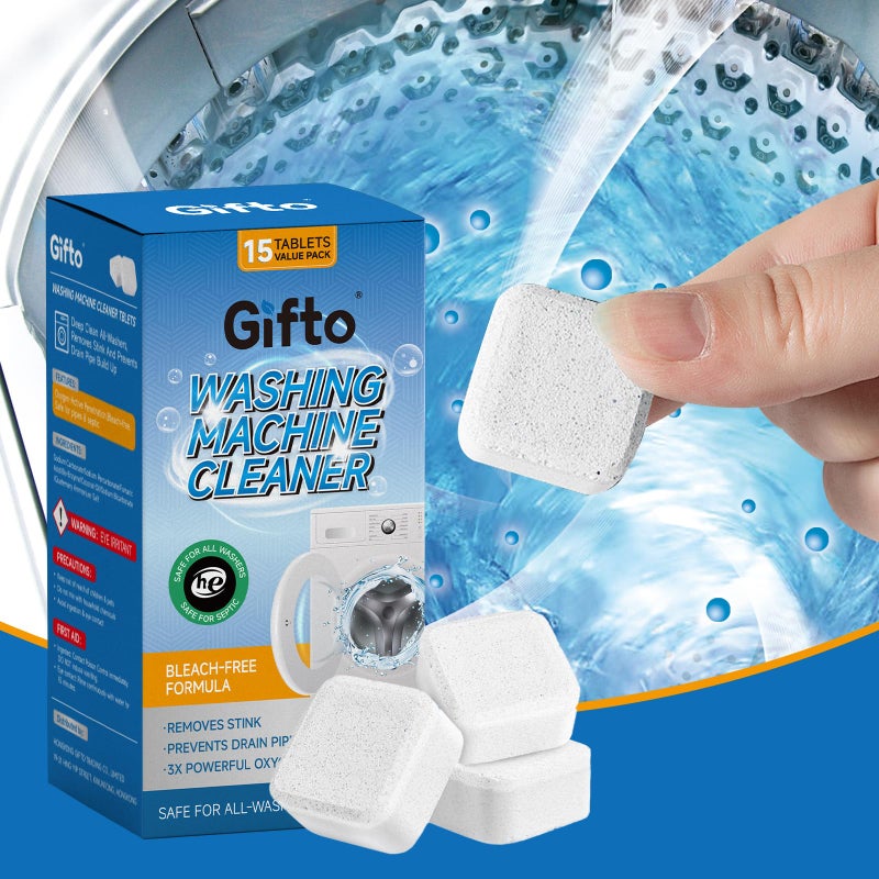 Gifto Washing Machine Cleaning Tablets, Individually Wrapped 15 Count, Fresh Scent Washer Cleaner Tablet for Front Loader & Top Load, Removes Odor-causing Residues & Hard Water Buildup, Septic Safe - Image 1