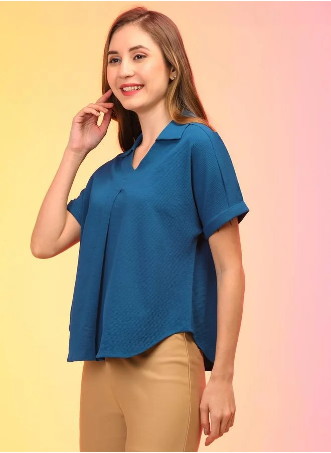جلو باص Textured Shirt Collar V-Neck Regular Fit Top by Styli