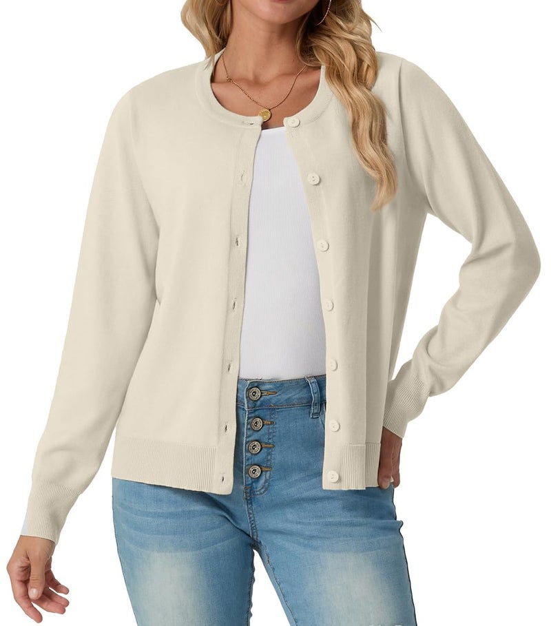 GRECERELLE Women's Lightweight Button Down Long Sleeve Crewneck Cardigan Sweater Oatmeal, S - Image 2
