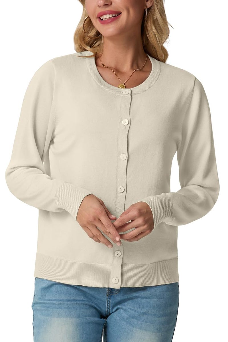 GRECERELLE Women's Lightweight Button Down Long Sleeve Crewneck Cardigan Sweater Oatmeal, S - Image 5