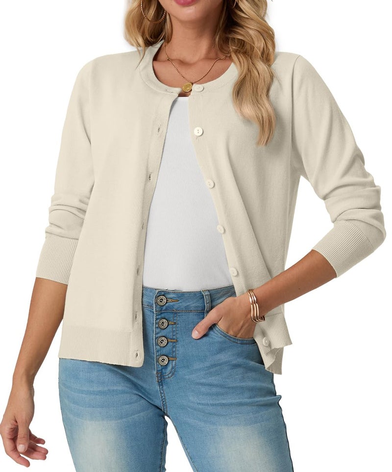GRECERELLE Women's Lightweight Button Down Long Sleeve Crewneck Cardigan Sweater Oatmeal, S - Image 1