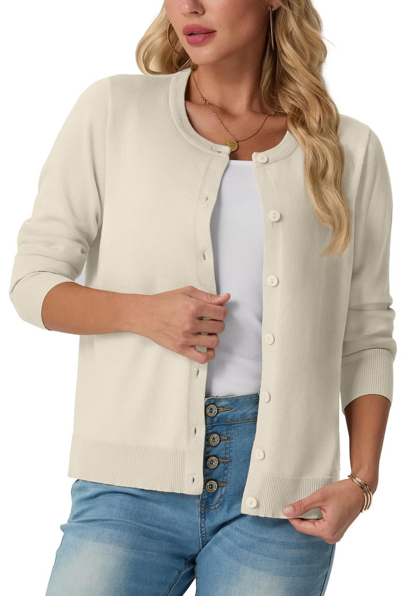 GRECERELLE Women's Lightweight Button Down Long Sleeve Crewneck Cardigan Sweater Oatmeal, S - Image 3