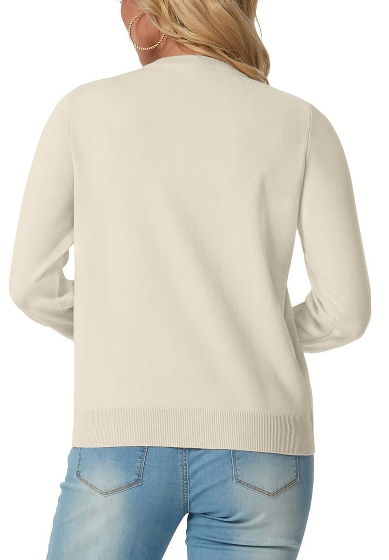 GRECERELLE Women's Lightweight Button Down Long Sleeve Crewneck Cardigan Sweater Oatmeal, S - Image 4