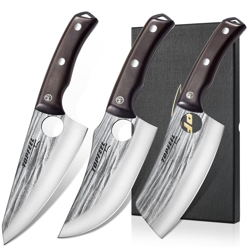 Topfeel 3PCS Butcher Knife Set Hand Forged chef knife Boning Knife, High Carbon Steel Meat Cutting Knives for Kitchen Camping BBQâ€¦ - Image 1