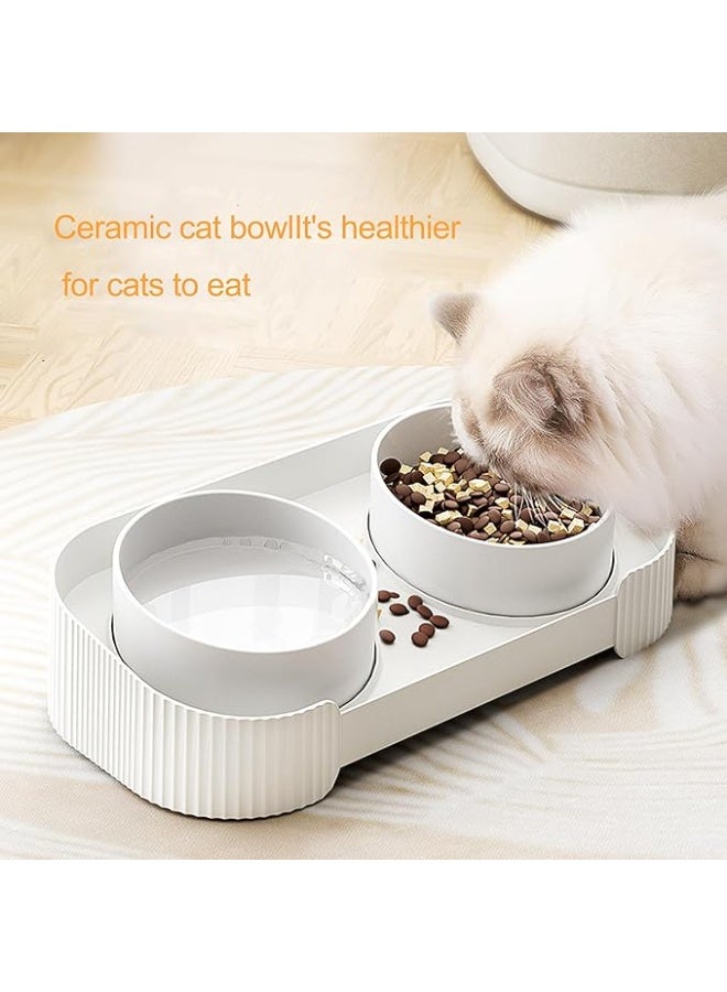 DUNISO وعاء حيوانات أليفة، وعاء قطط مرتفع مائل، وعاء طعام خزفي للحيوانات الأليفة، مضاد للانزلاق، سهل التنظيف، وعاء مزدوج للحيوانات الأليفة للطعام والماء، أبيض - Image 2