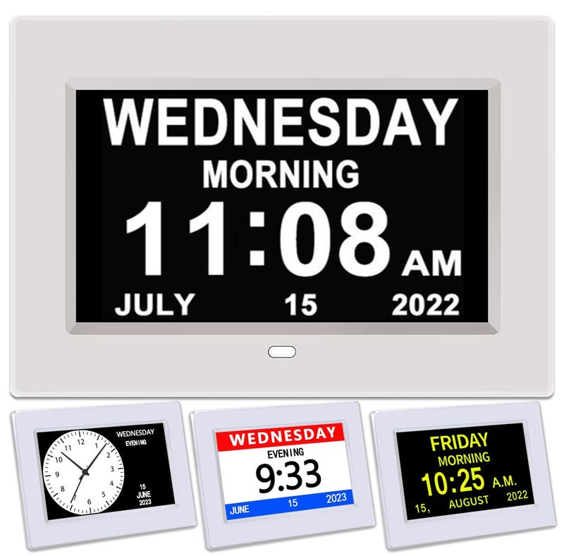 AINFTIME DST Clock with Day and Date for Elderly3 Display Digital Calendar Alarm Day Dementia Alzheimers Clock with Extra Large Display 7in White