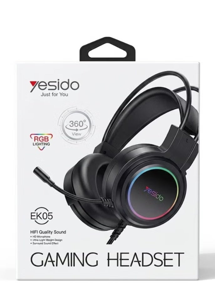 Yesido EK05 Wired RGB Gaming Headset, Stereo Surround Sound, Noise-Reducing Microphone, RGB LED Lighting, Over-Ear Headphones with Clear Audio for PC, Laptop, Gaming Console – Black - Image 1