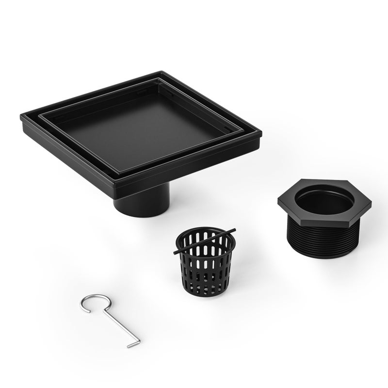 Bernkot Square Shower Drain 6 Matte Black Floor Drain with Tiled Insert Grate Hair Strainer 304 Stainless Steel Bathroom 2in1 Tiled in Drain CUPC Certified Matte Black 6