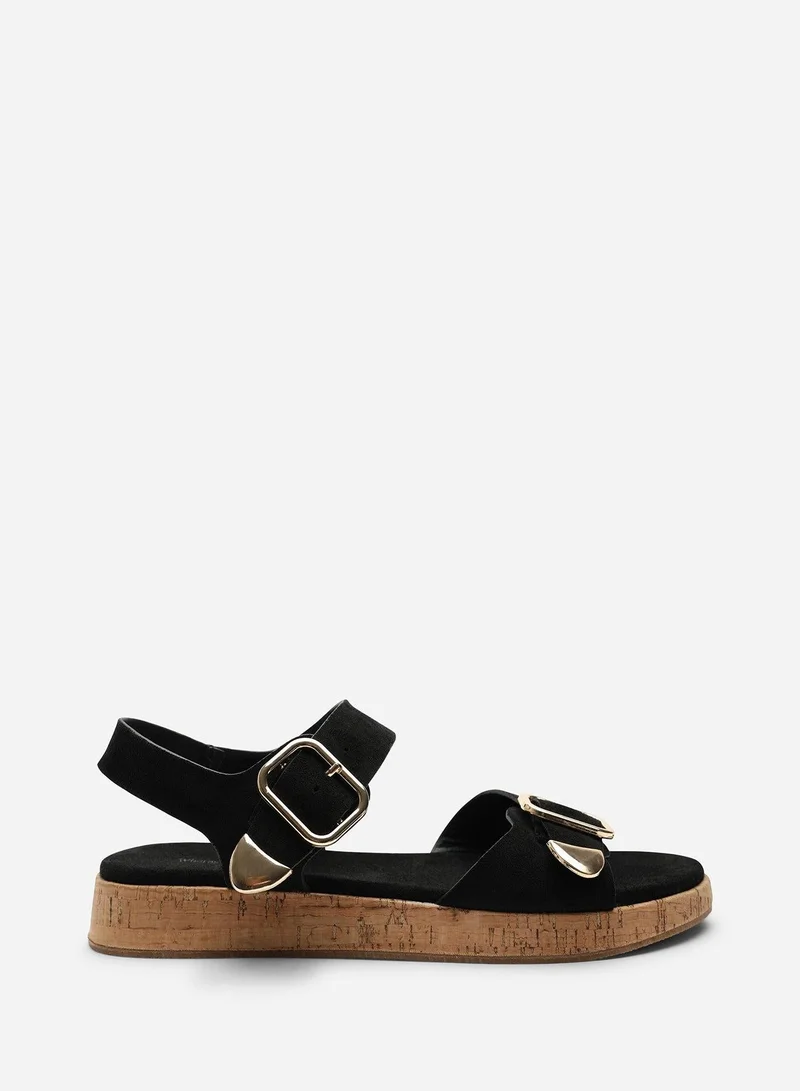 Where's That From Iridia Double Buckle Black Suede Low Wedge Sandal