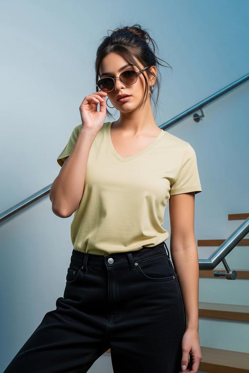 JUNEBERRY Women Solid V Neck Pure Cotton T-Shirt - Image 2