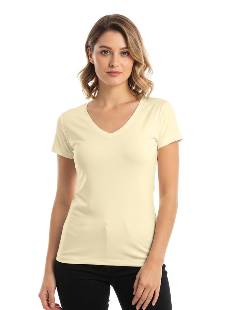 JUNEBERRY Women Solid V Neck Pure Cotton T-Shirt - Image 1