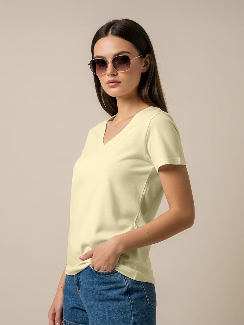JUNEBERRY Women Solid V Neck Pure Cotton T-Shirt - Image 5