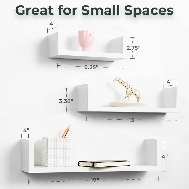 Greenco Set of 3 Floating “U” Shelves, Easy-to-Assemble Floating Wall Mount Shelves for Bedrooms and Living Rooms, White Finish - Image 3