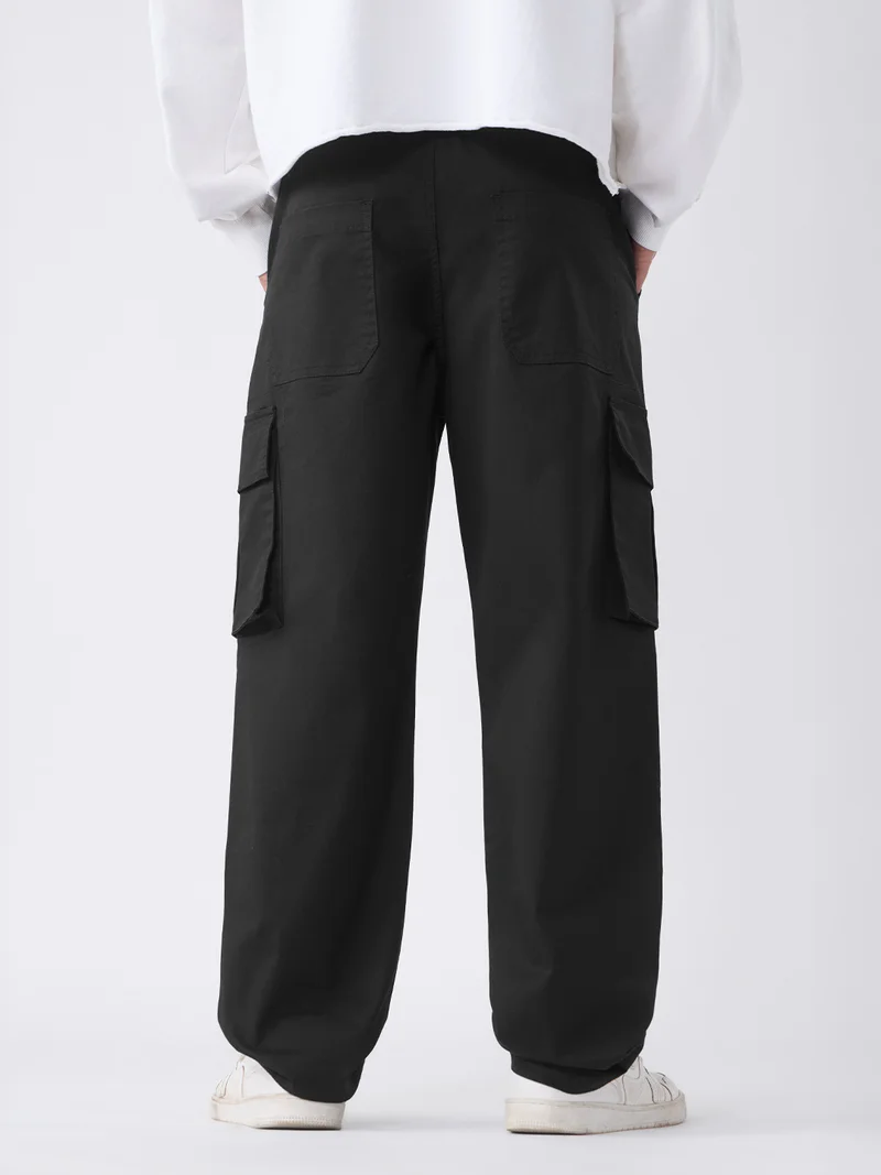 The Souled Store  Essential Line: Noir Men and Boys Elastic Waistband Solid Cotton Twill Straight Fit Lightweight Functional Everyday Cargo Pants  | Best Price UAE