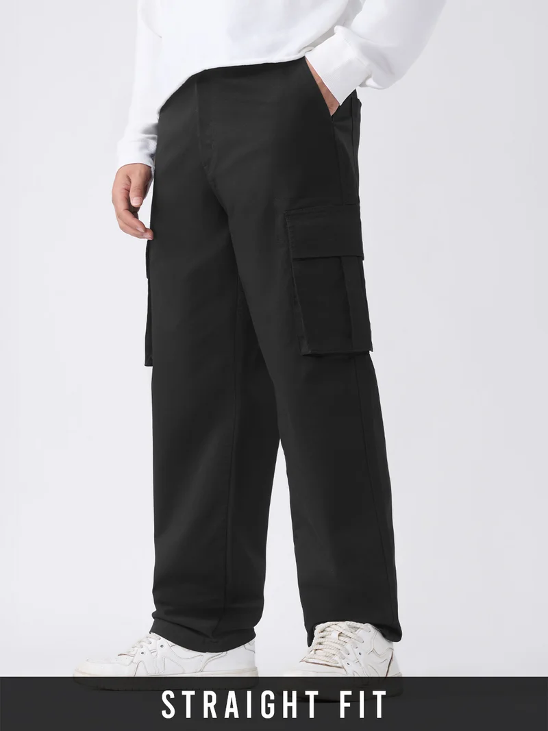 Essential Line: Noir Men and Boys Elastic Waistband Solid Cotton Twill Straight Fit Lightweight Functional Everyday Cargo Pants