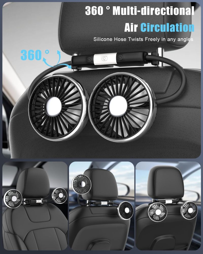 Dual Head Cooling Fan 5-Blade Eddy Current Tech - Brushless Motor Low Noise 3-Speed Fan 360° Adjustable Silicone Hose Independent LED Lights For Rear Seat Baby Car Seat Vehicle Truck Van SUV RV Travel - Image 4