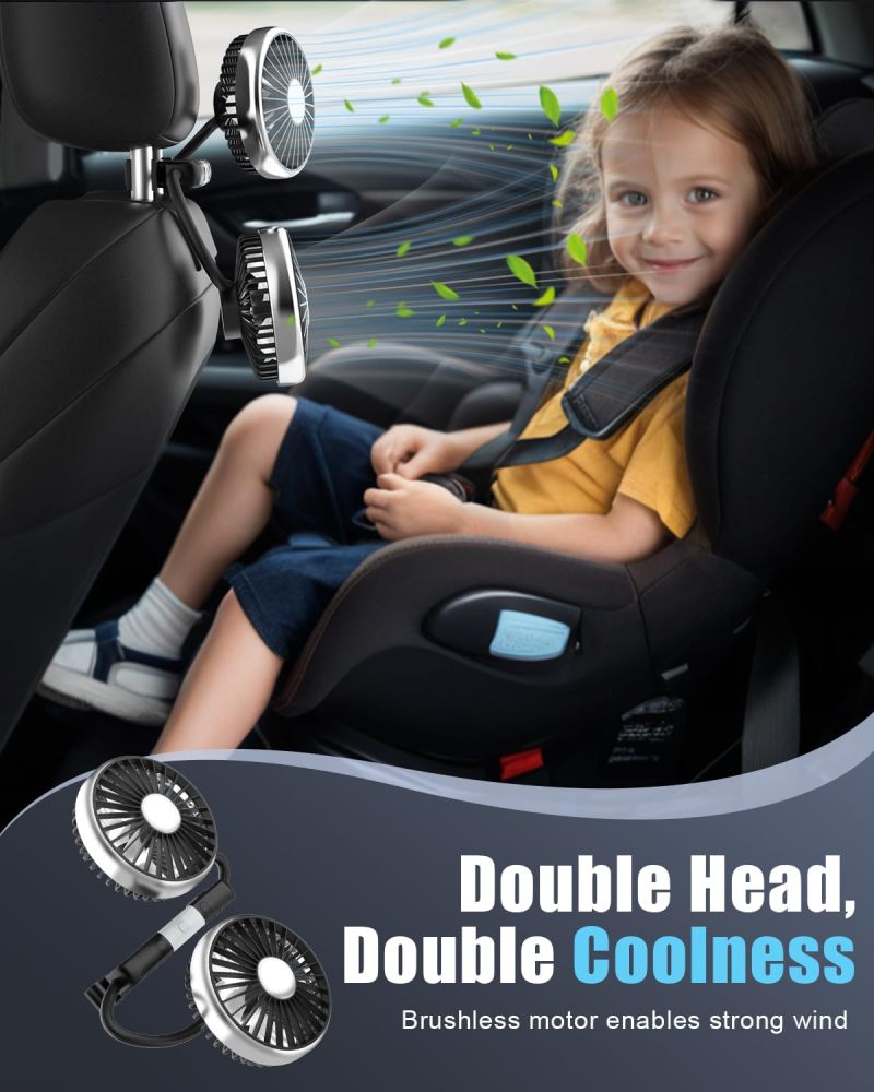 Dual Head Cooling Fan 5-Blade Eddy Current Tech - Brushless Motor Low Noise 3-Speed Fan 360° Adjustable Silicone Hose Independent LED Lights For Rear Seat Baby Car Seat Vehicle Truck Van SUV RV Travel - Image 5