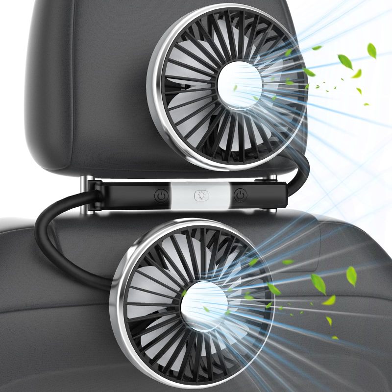 Dual Head Cooling Fan 5-Blade Eddy Current Tech - Brushless Motor Low Noise 3-Speed Fan 360° Adjustable Silicone Hose Independent LED Lights For Rear Seat Baby Car Seat Vehicle Truck Van SUV RV Travel - Image 1