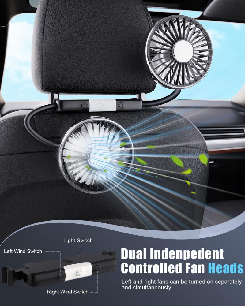 Dual Head Cooling Fan 5-Blade Eddy Current Tech - Brushless Motor Low Noise 3-Speed Fan 360° Adjustable Silicone Hose Independent LED Lights For Rear Seat Baby Car Seat Vehicle Truck Van SUV RV Travel - Image 2