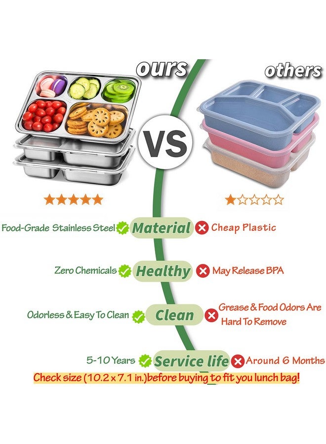 KTKUDY Stainless Steel Snack Containers with Lids - 3 Pack - 5 Compartments Bento Snack Boxes - Reusable Meal Prep Lunch Containers for Kids Adults - Divided Food Storage Container for School Home Travel - Image 4