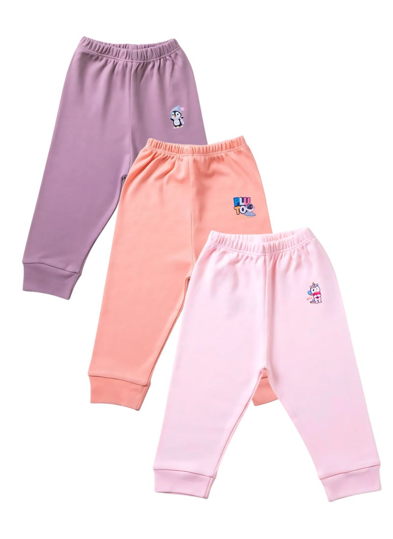 Pluto Pack of 3 Colored Cotton Pants for Baby Girls  - Image 1