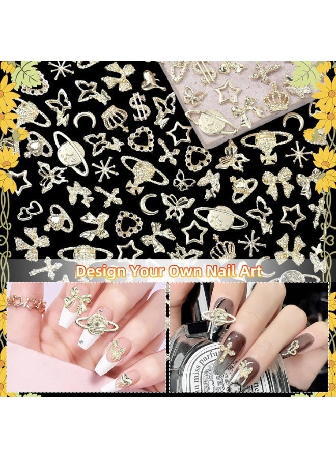 180 Pcs Golden Butterfly Bows Nail Charms, 3D Alloy Cross Planet Heart Star Nail Art Charms for Acrylic Nails, DIY Crafts Accessories - Image 5