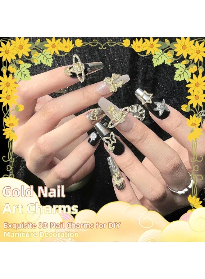 180 Pcs Golden Butterfly Bows Nail Charms, 3D Alloy Cross Planet Heart Star Nail Art Charms for Acrylic Nails, DIY Crafts Accessories - Image 4