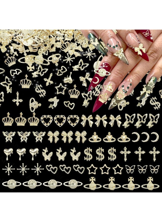 180 Pcs Golden Butterfly Bows Nail Charms, 3D Alloy Cross Planet Heart Star Nail Art Charms for Acrylic Nails, DIY Crafts Accessories - Image 1