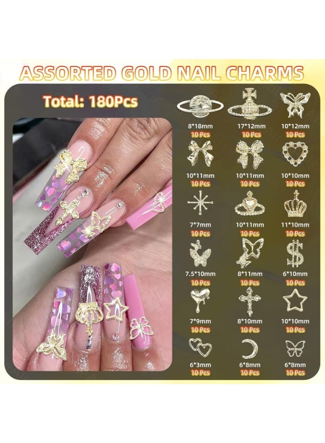 180 Pcs Golden Butterfly Bows Nail Charms, 3D Alloy Cross Planet Heart Star Nail Art Charms for Acrylic Nails, DIY Crafts Accessories - Image 2