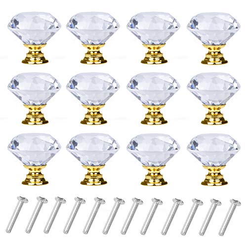 YourGift 12 Pack Drawer Knobs Diamond Shaped Crystal Glass 30mm Cabinet Knobs Pull Handles (Gold) - Image 1