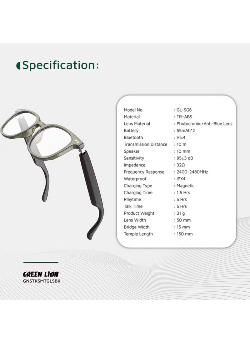 GREEN LION Stockholm Smart Glasses with Touch Control, UV400 Protection, Built-in Microphone, Remote Camera & Voice Assistant, Photochromic & Polarized Anti-Blue Lenses, Up to 5 Hours Play Time, 1.5-Hour Magnetic Charging Time, 10m Transmission Distance - Black  - Image 5
