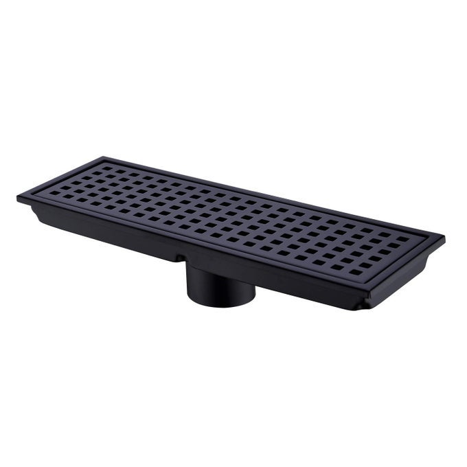 LINEAR SHOWER FLOOR DRAIN WITH REMOVABLE COVER GRID GRATE 12 INCH LONG RECTANGLE SUS 304 STAINLESS STEEL MATTE BLACK PLATED FINISH