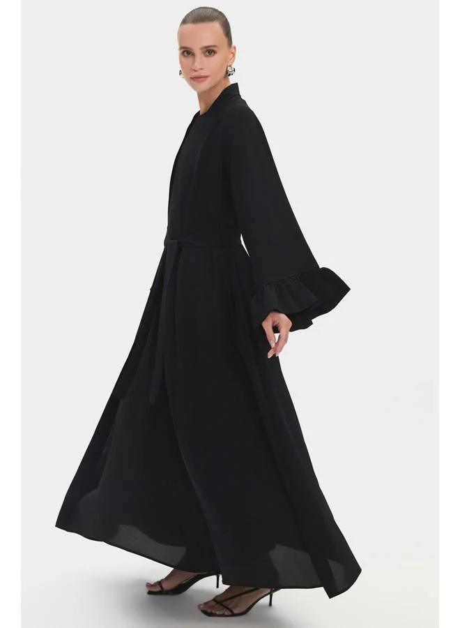 JUNE June Women Crew Neck Sleeves Ruffle Waist Tie Detailed Floppy Abaya Black