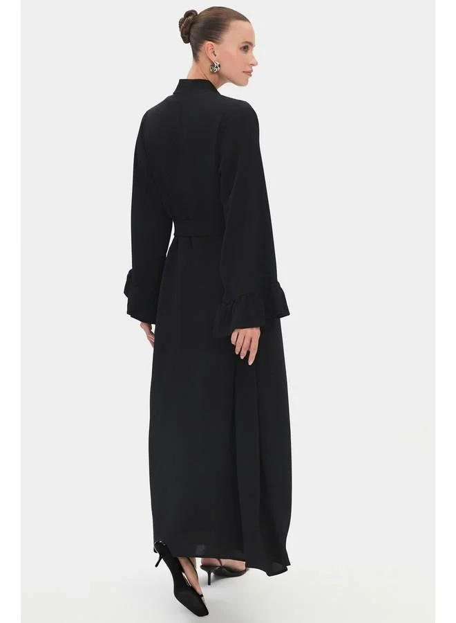 JUNE June Women Crew Neck Sleeves Ruffle Waist Tie Detailed Floppy Abaya Black