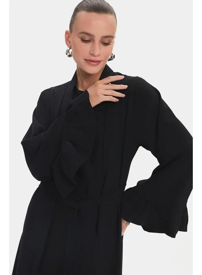 JUNE June Women Crew Neck Sleeves Ruffle Waist Tie Detailed Floppy Abaya Black