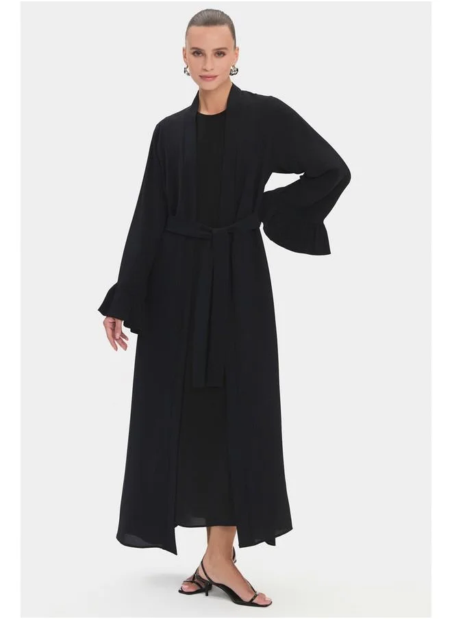 جون June Women Crew Neck Sleeves Ruffle Waist Tie Detailed Floppy Abaya Black