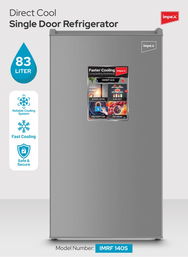 Impex 90L Single Door Refrigerator | 2.9Cubic Feet Faster Cooling Fridge | Compact Mini Fridge for Home, Office & Dorm | Freezer Refrigerator | Glass Shelves, 2W Interior Lamp, Adjustable Legs, Inside Condenser, Egg Tray | 70W, 83L Net Capacity | IMRF140S 70 W IMRF140S Dark Grey - Image 1