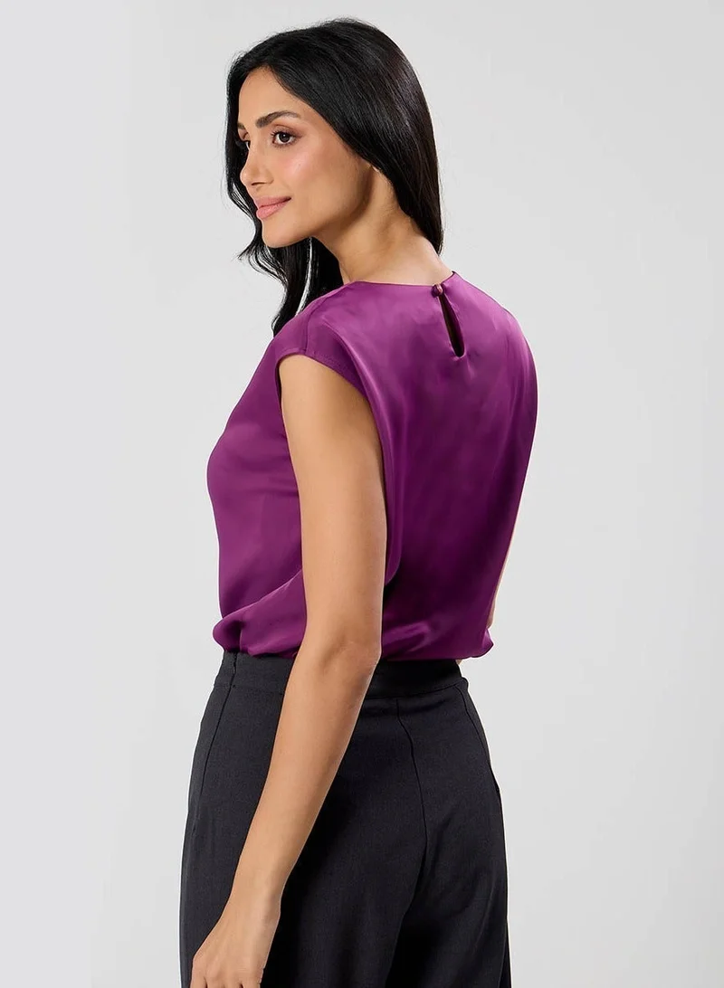 Zigzag Side Detailed Satin Top-Purple
