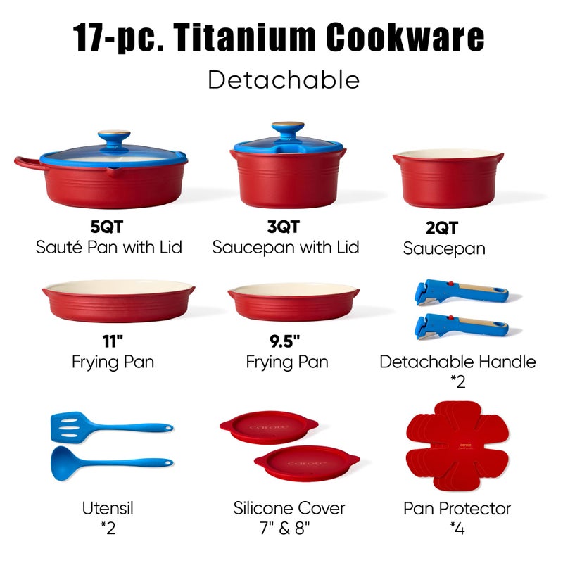 CAROTE 17Pcs Titanium Cookware Set, Pots and Pans Set Non Stick, Kitchen Cooking Set with Detachable Handle, Non Toxic Induction Cookware, Dishwasher/Oven Safeï¼ŒMemphis Design - Image 2