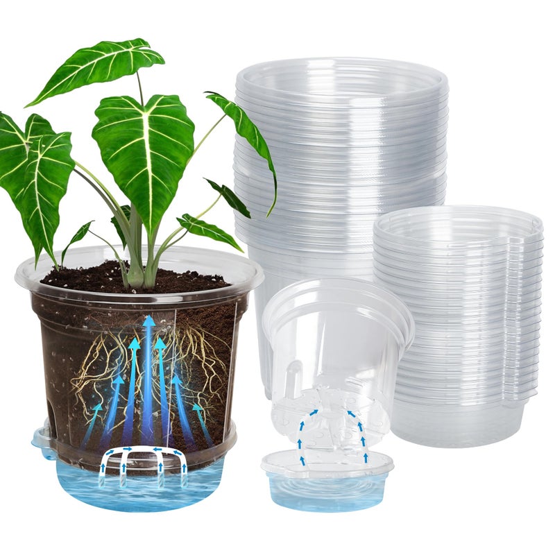 Bluepro 20 Pack 5 Inch Clear Self Watering Plant Pots with Bottom Water Tray & Watering Rope, Transparent Nursery Pots with Drainage for Seedlings, Herbs, and Houseplants - Image 1
