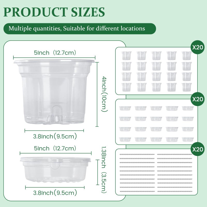 Bluepro 20 Pack 5 Inch Clear Self Watering Plant Pots with Bottom Water Tray & Watering Rope, Transparent Nursery Pots with Drainage for Seedlings, Herbs, and Houseplants - Image 2