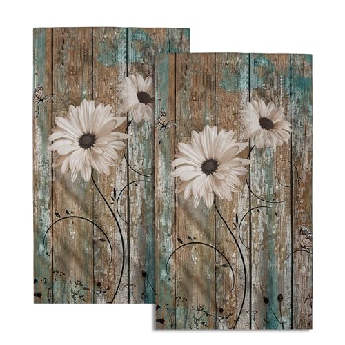Giwawa Rustic Barn Sunflower Wooden Hand Towel 15x30 Set of 2, Fall Daisy Flower Teal Turquoise Brown Plank Fingertip Towel Retro Board Face Towel Country Barnwood Washcloth for Bathroom Farmhouse Log Cabin - Image 1