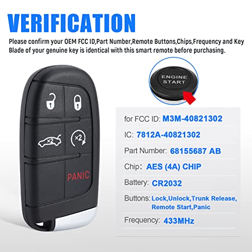 Keymall Smart Car Key Fob Keyless Entry Remote Replacement 5 Buttons for Chrysler 200 300 for Dodge Charger Challenger 2019 2020 2021 4A Chip (M3M-40821302 68155687 AB) - Image 3