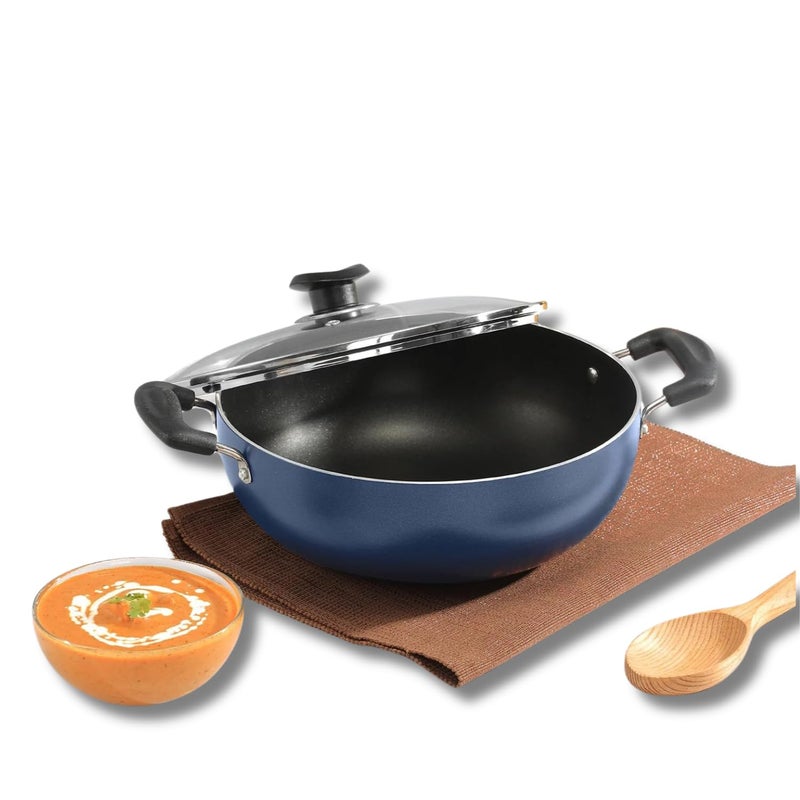 VINOD Vinod Zest Aluminium Non Stick Deep Kadhai with Glass Lid 14 Litre 18cm 3 Layer Ceramic Coating 3 mm Thick Metal Spoon Friendly Gas Base Toxin Free 1 Year Warranty  - Image 1