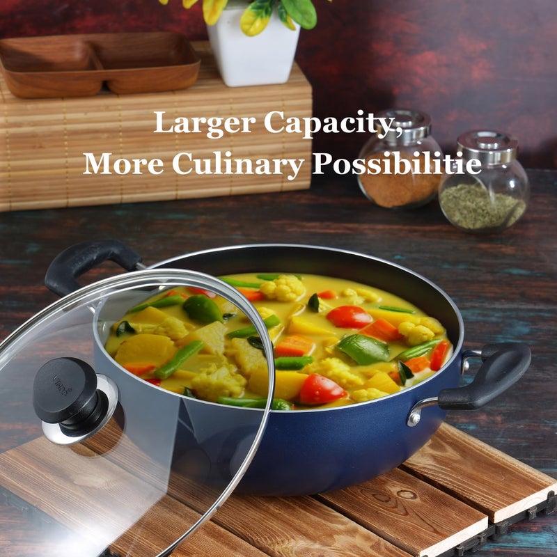 VINOD Vinod Zest Aluminium Non Stick Deep Kadhai with Glass Lid 14 Litre 18cm 3 Layer Ceramic Coating 3 mm Thick Metal Spoon Friendly Gas Base Toxin Free 1 Year Warranty  - Image 3