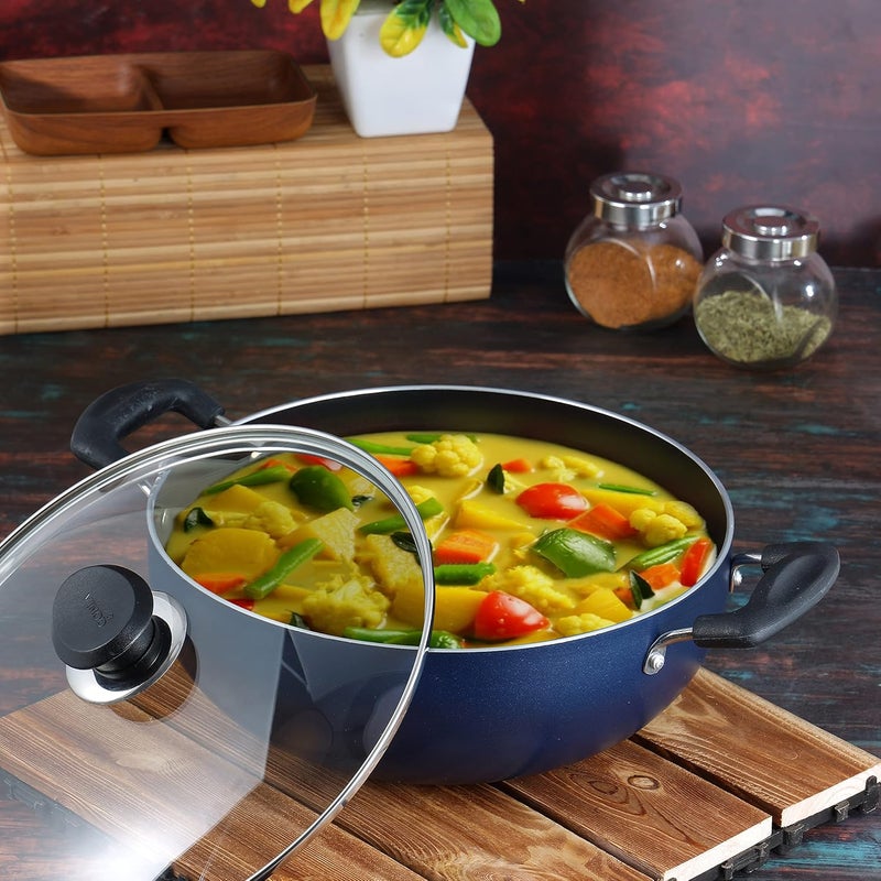 VINOD Vinod Zest Aluminium Non Stick Deep Kadhai with Glass Lid 14 Litre 18cm 3 Layer Ceramic Coating 3 mm Thick Metal Spoon Friendly Gas Base Toxin Free 1 Year Warranty  - Image 2
